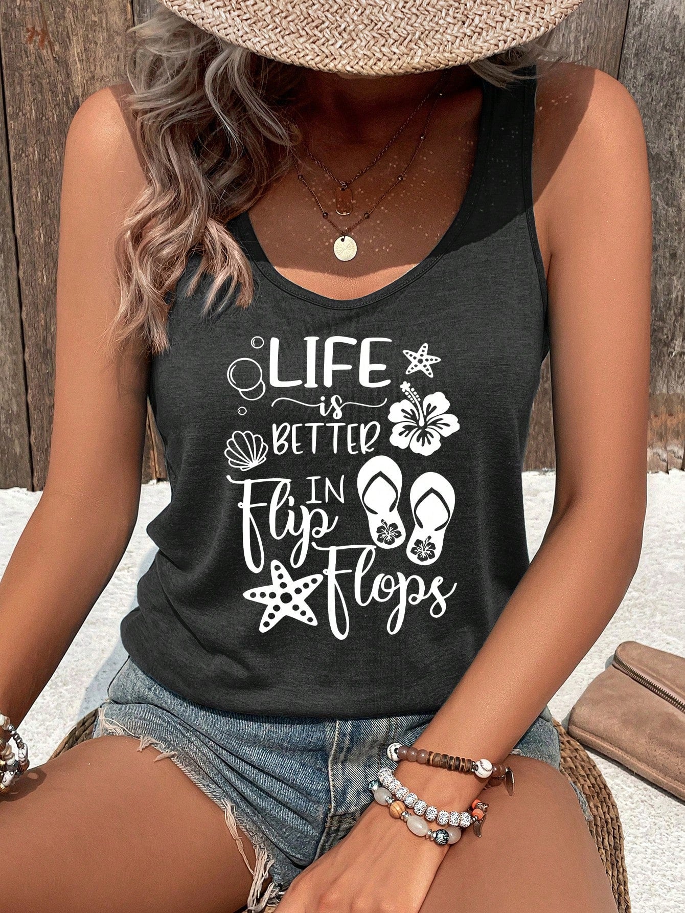 Women Vacation Leisure Slogan Printed Tank Top LIFE Is BETTER In Flip Flops