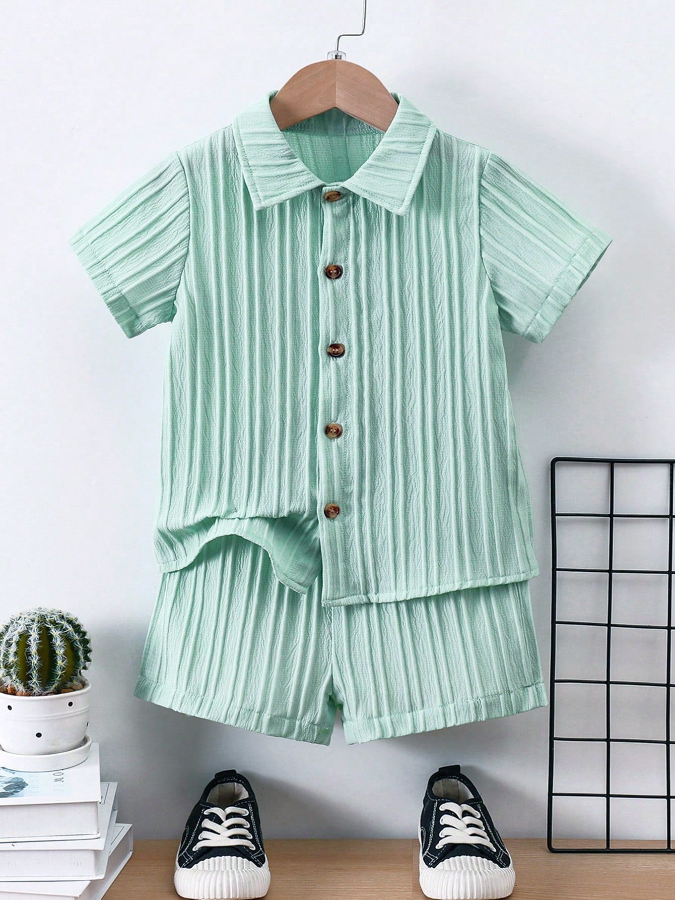 Young Boy Solid Button Front Shirt & Shorts Without Tee