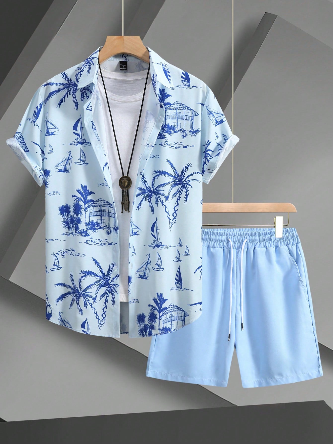 Men's All-over Printed Shirt And Shorts Set With Slanted Pockets