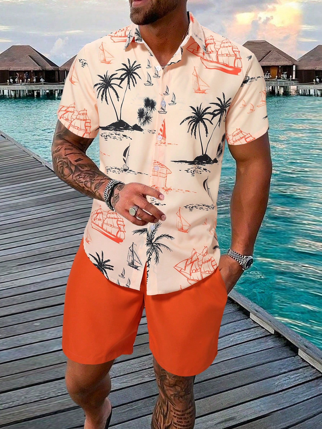 Men's All-over Printed Shirt And Shorts Set With Slanted Pockets