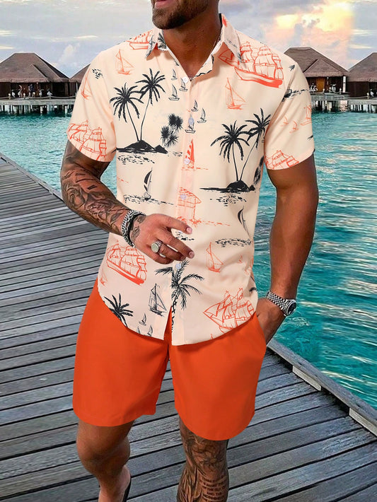 2pcs/Set Men's Coconut Tree Print Short Sleeve Shirt