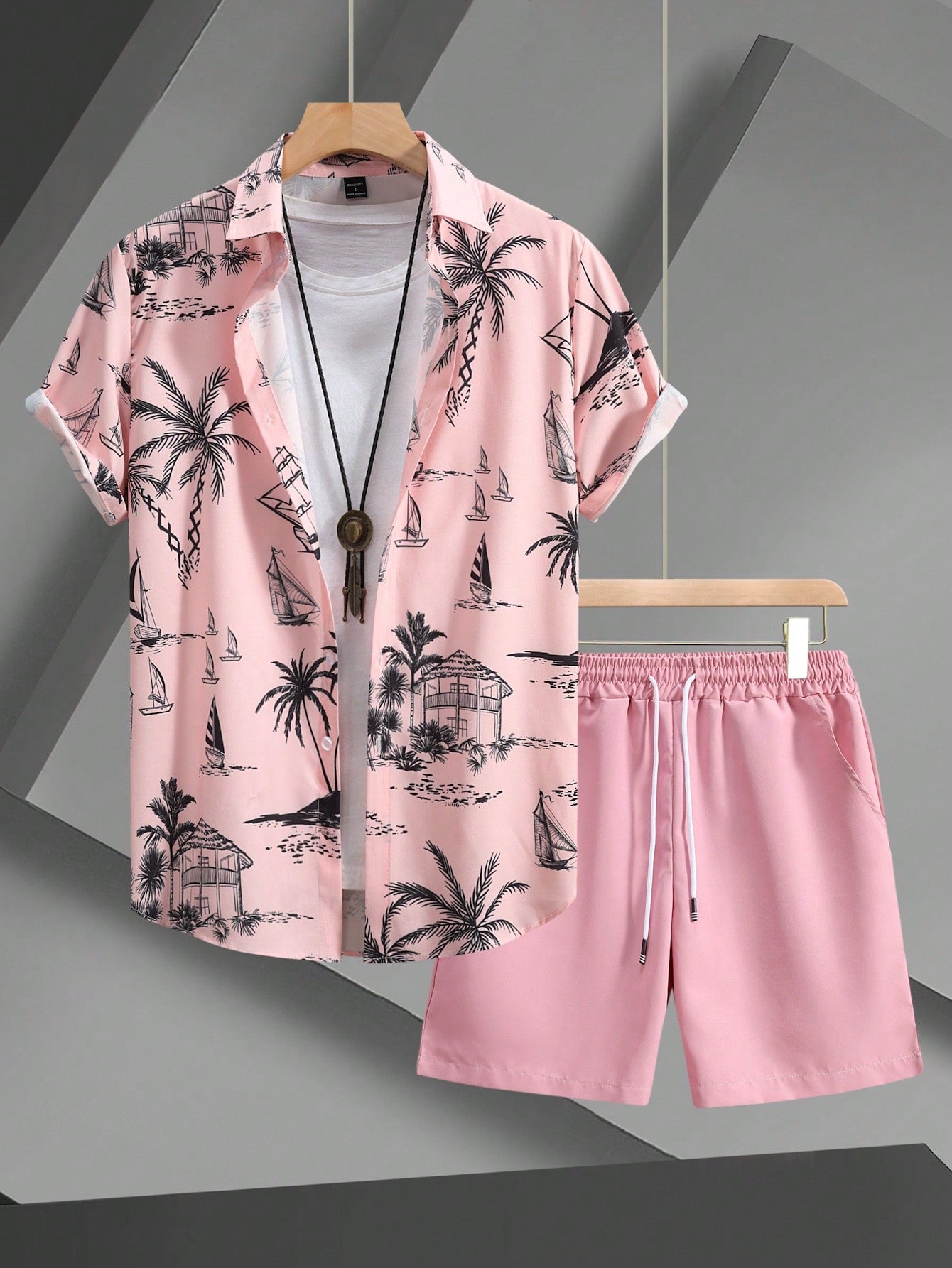 Men's All-over Printed Shirt And Shorts Set With Slanted Pockets