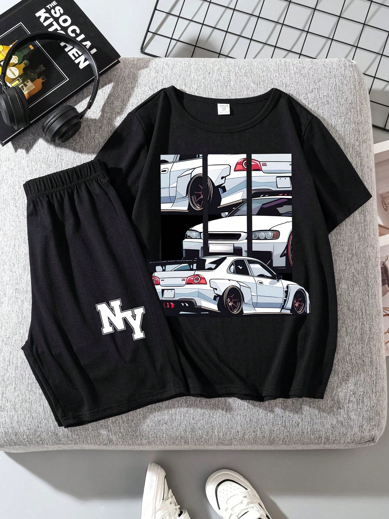 Tween Boy Casual Simple Car Pattern Round Neck Short Sleeve T-Shirt And Letter Print Shorts Suit For Summer