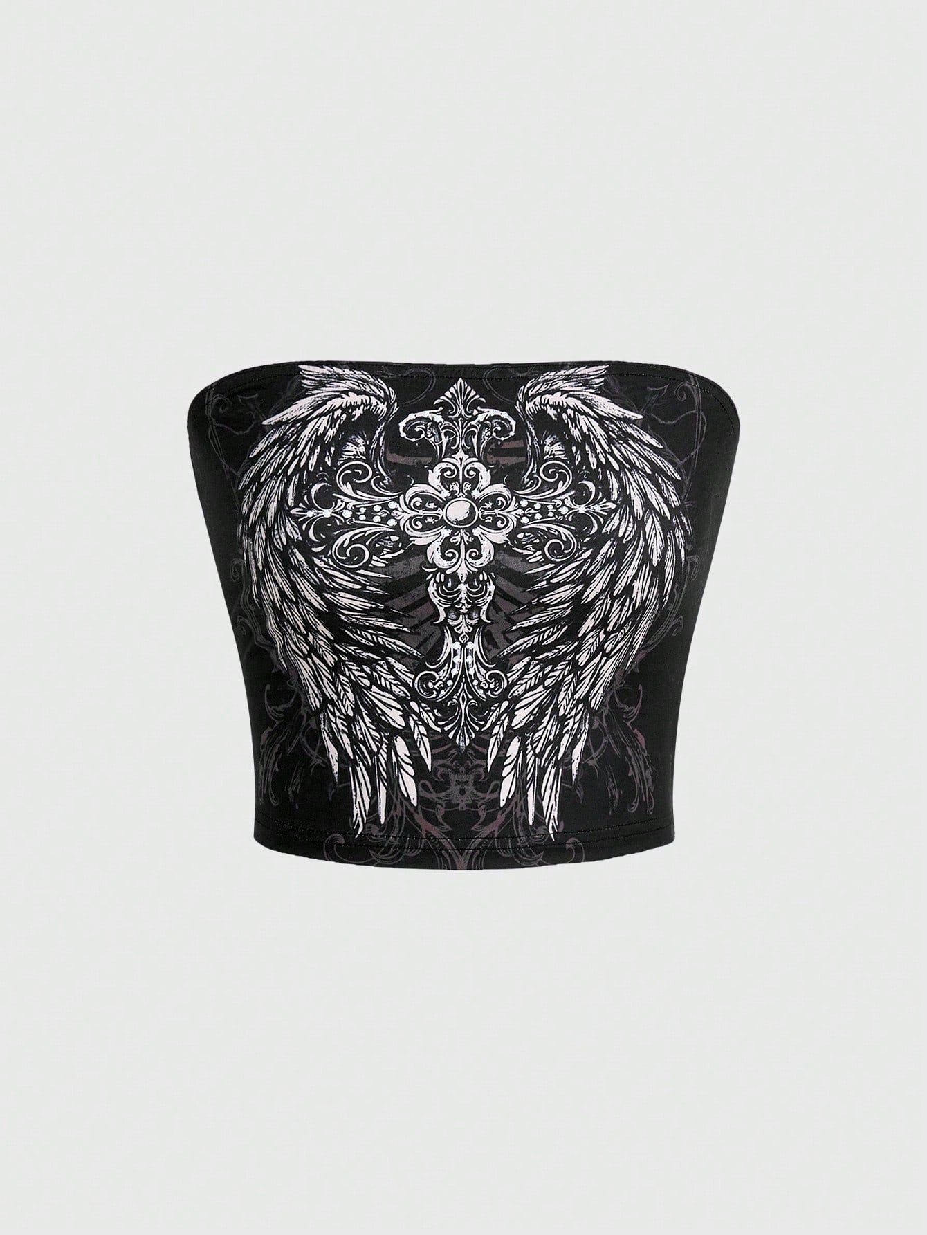 Goth Y2K Gothic Cross And Wing Printed Women's Bustier Top