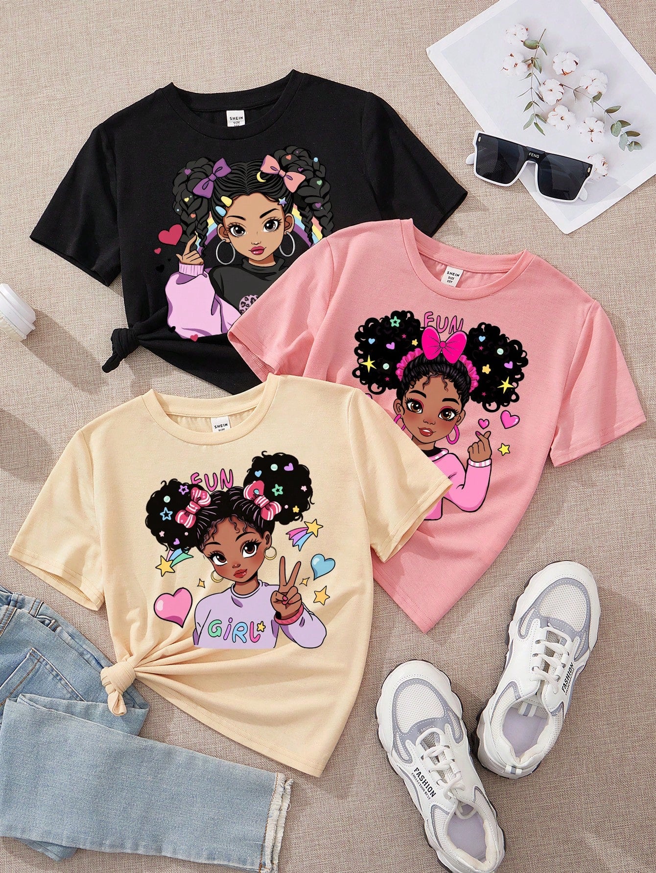 Multipack Casual Simple Cartoon Pattern T-Shirts For Tween Girls, Suitable For Summer