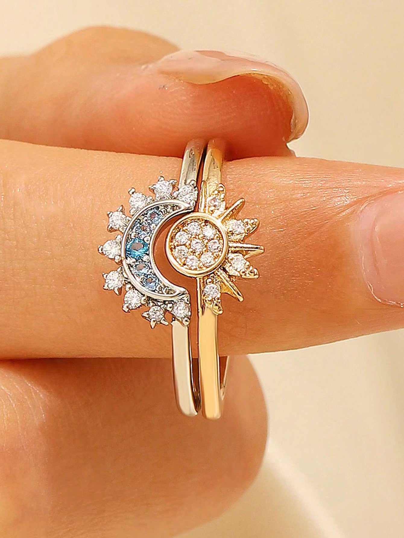 2pcsValentine Days Sun And Moon Adjustable Couple Rings CZ Open Promise Ring Sparkling Stackable Engagement Jewelry