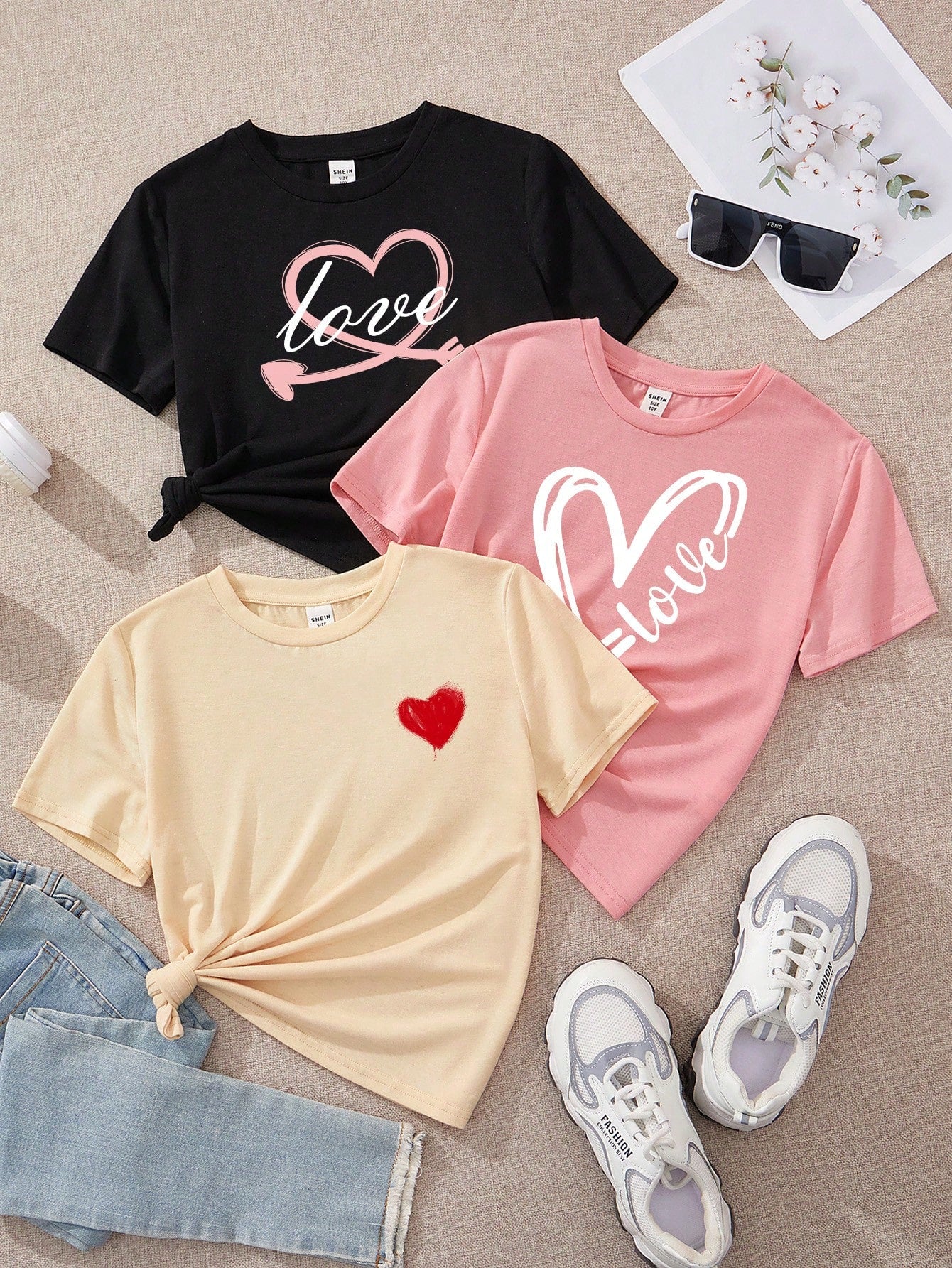 Tween Girl Casual Simple Cartoon Printed T-Shirt 3pcs/Set, Black, Pink & Apricot, Suitable For Summer