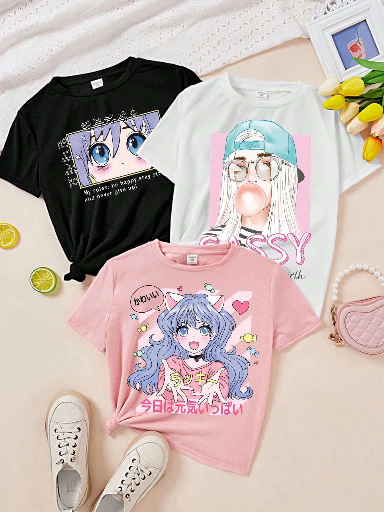 Multipack Casual Simple Cartoon Pattern T-Shirts For Tween Girls, Suitable For Summer