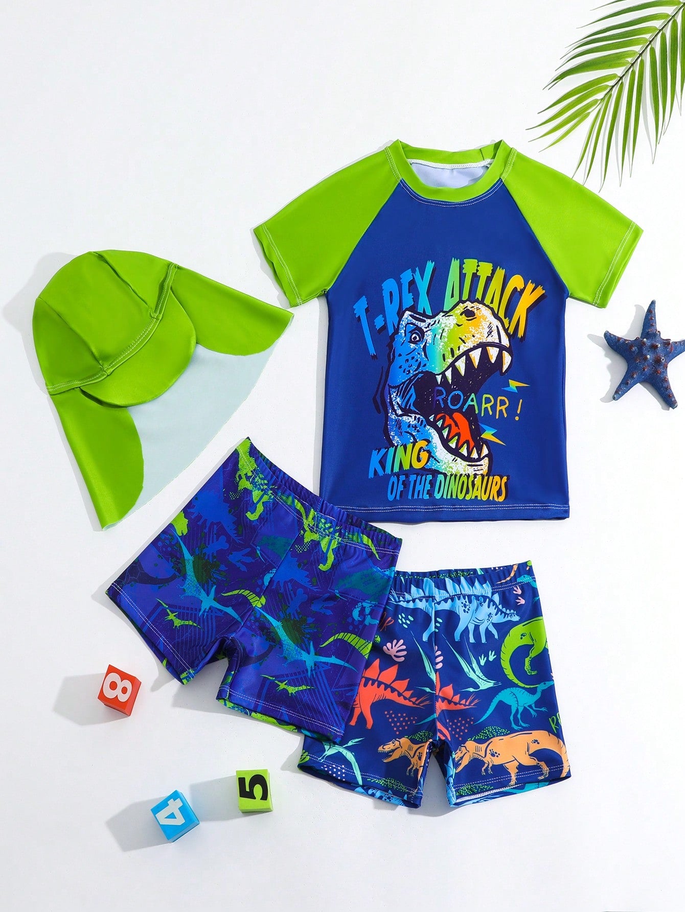 Young Boy Summer Beach Color Block Dinosaur Print Short Sleeve Swimwear With Shorts And Hat Swimming Suit Set