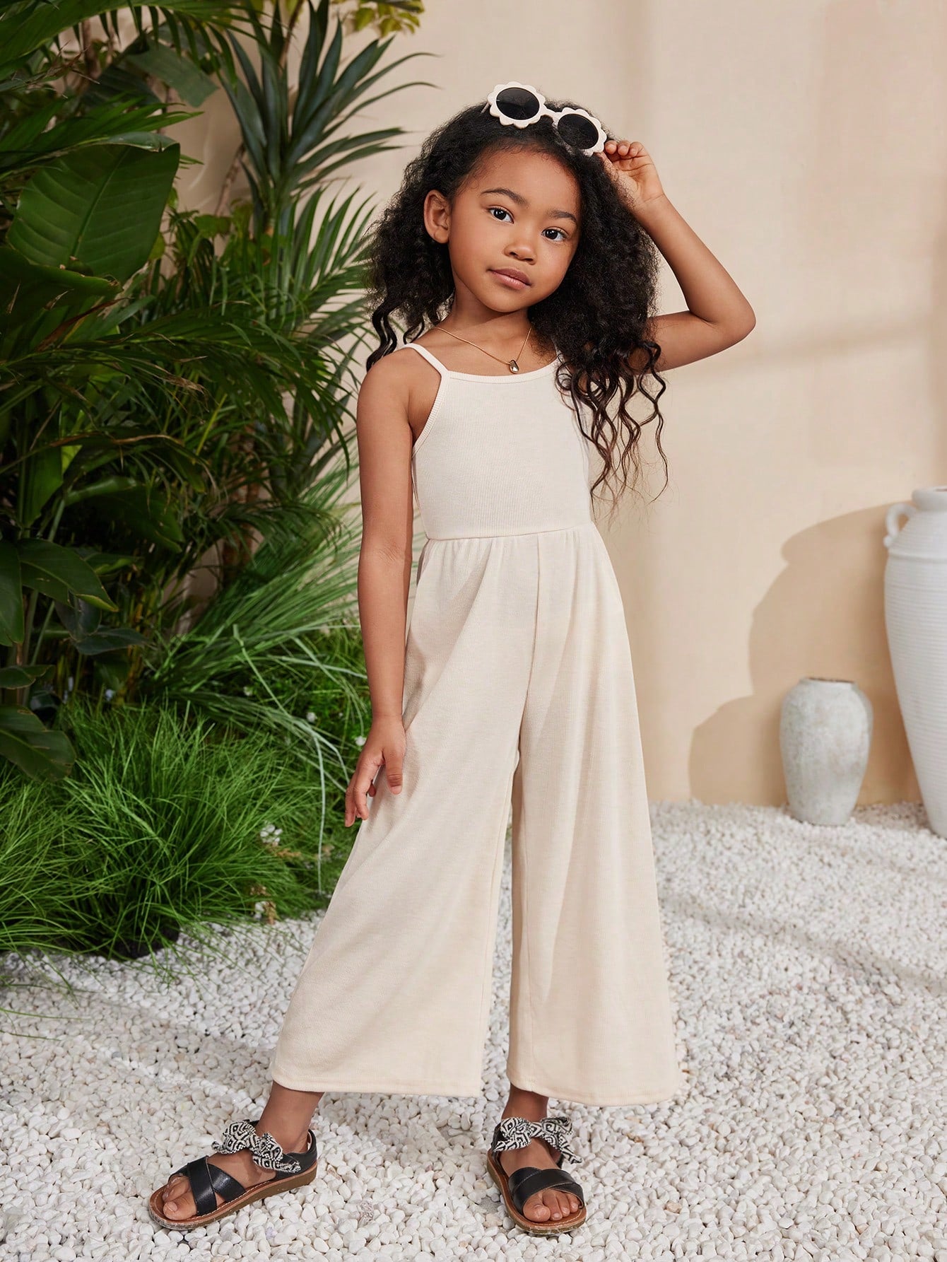 Young Girl Spring/Summer Knit Solid Color Spaghetti Strap Jumpsuit For Holiday & Leisure