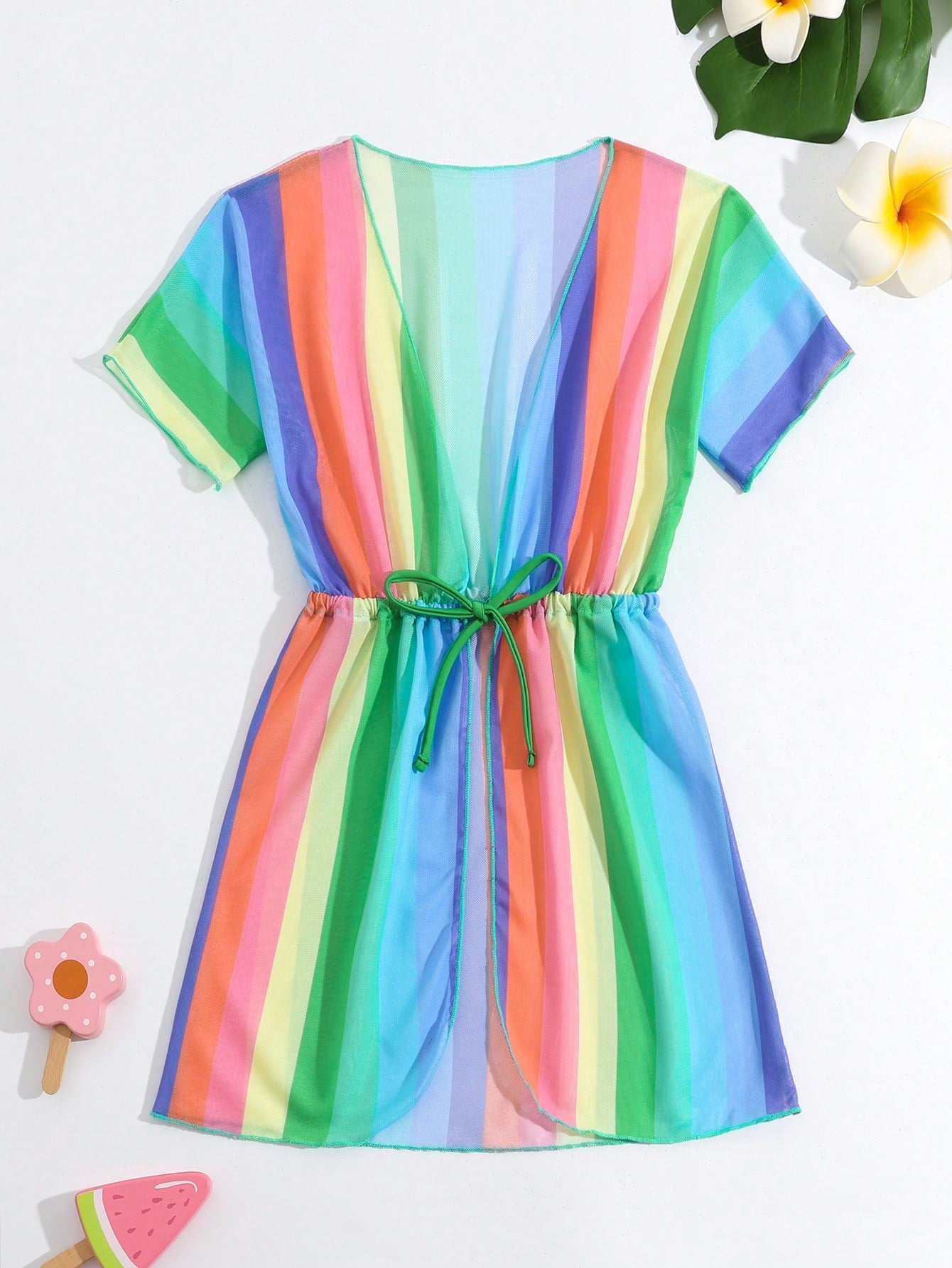 Young Girl Colorful Striped Drawstring Waist Kimono