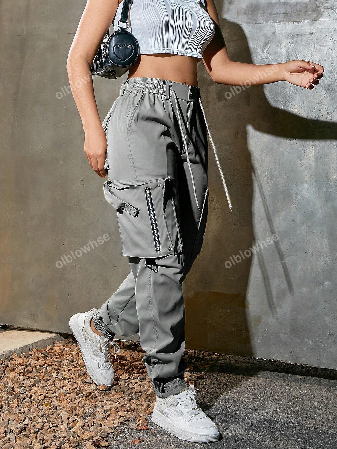 Y2K Elastic Waist With Drawstring Flap Pocket Zipper Detail Metal Button Slit Hem Cargo Jogger Pants