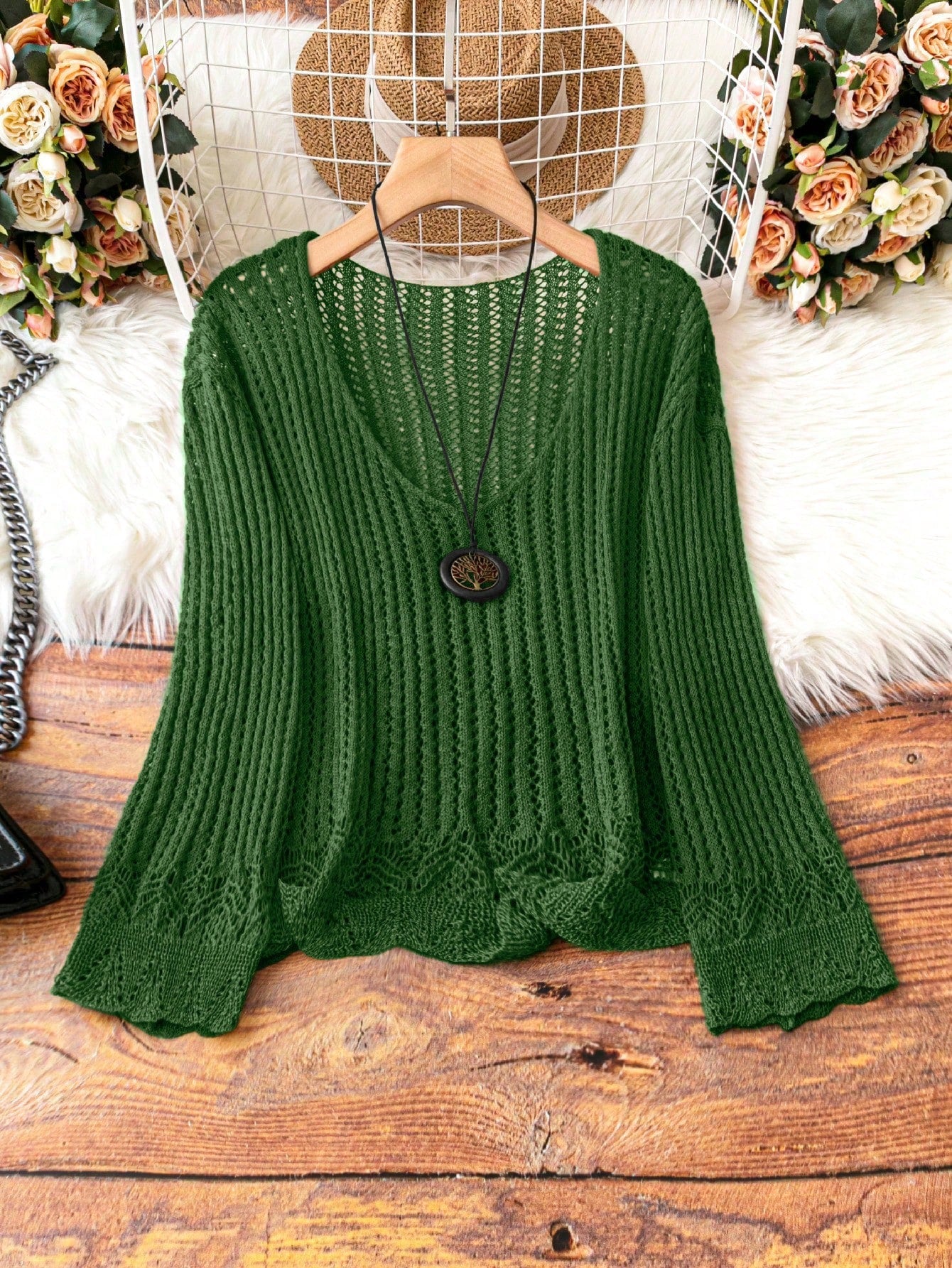 Plus Size Loose Fit Solid Color Ribbed Knit V-Neck Casual Sweater