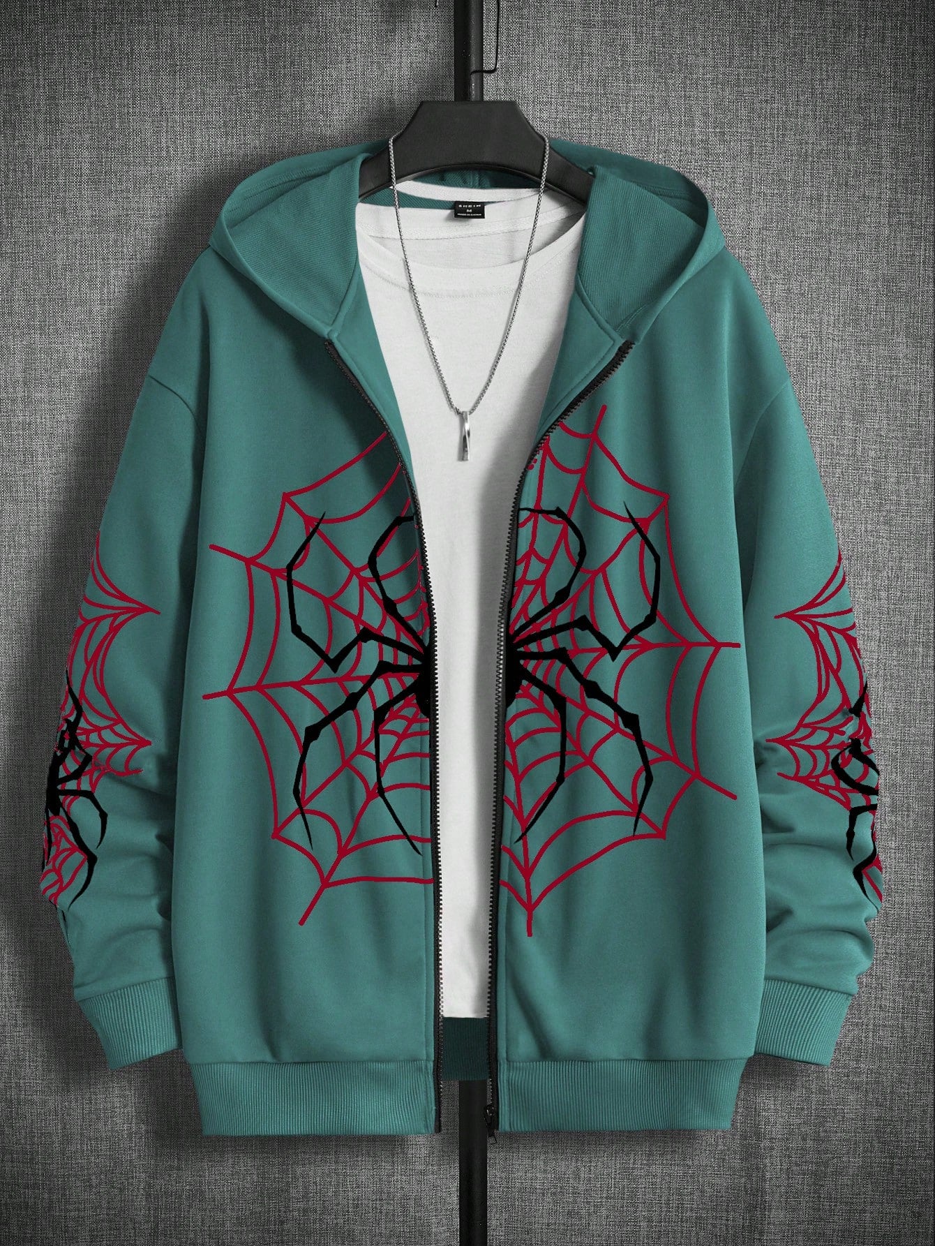 Loose-Fit Men's Spider Web Print Zip-Up Hoodie Without T-Shirt