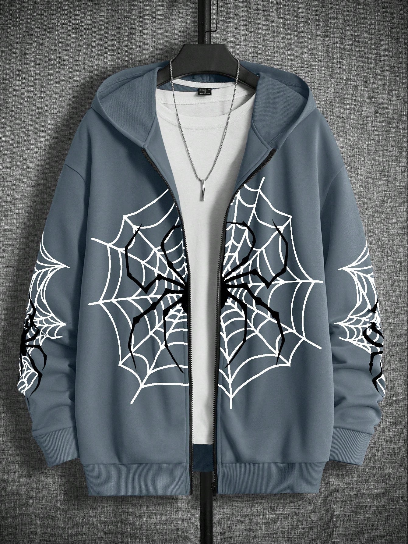 Loose-Fit Men's Spider Web Print Zip-Up Hoodie Without T-Shirt