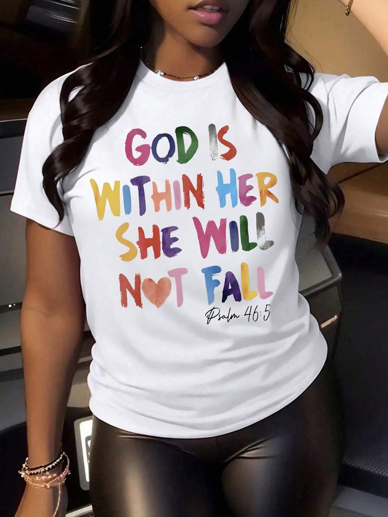 Slogan Printed Round Neck Short Sleeve Casual T-Shirt GOD IS WITHIN HER SHE WILL NOT FALL Psalm 465