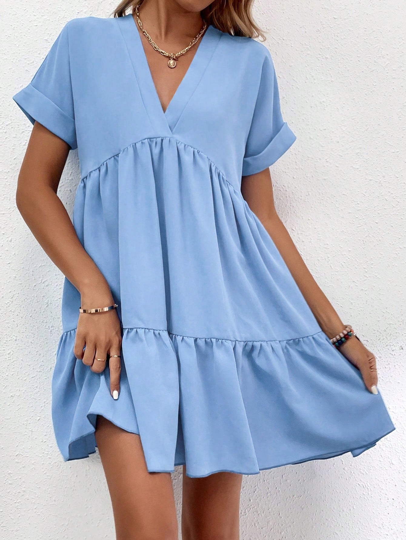 Solid Color Batwing Sleeve Layered Vacation Casual Dress