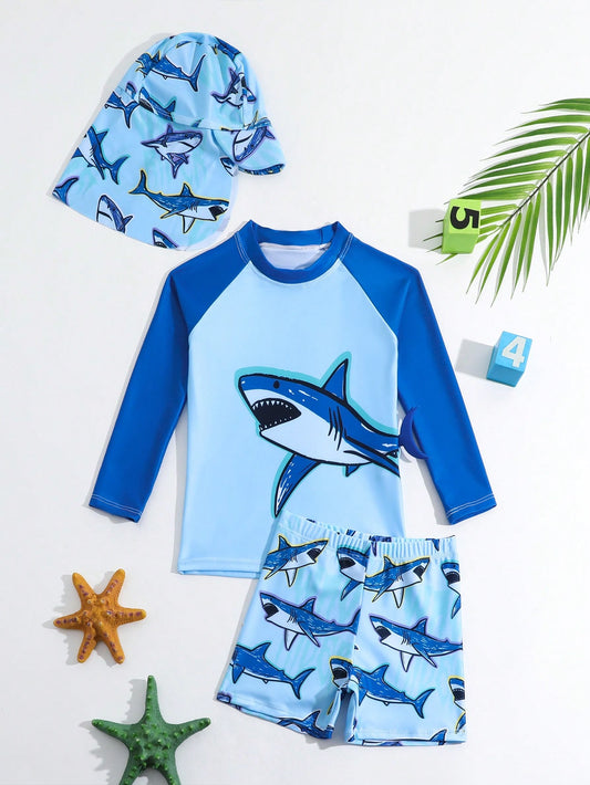 Young Boy's Color Block Shark Printed Swimwear Set Including Long Sleeve Rashguard, Shorts And Hat