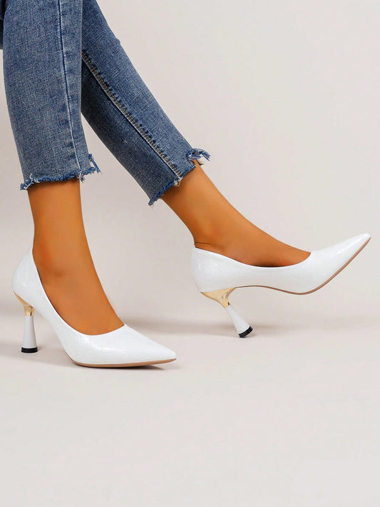 White Pointed Toe High-Heeled Woman Shoes With Chunky Heels & Shallow Mouth Design For Spring