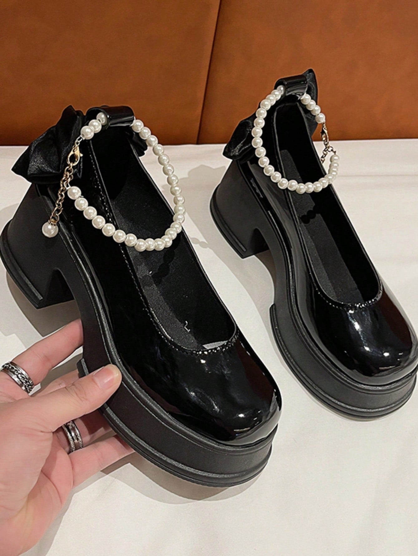 Fashionable & Comfortable Faux Pearl Chain High Heel Platform Shoes For Teenagers