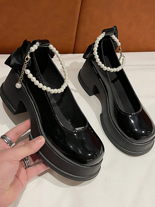 Youth's Fashionable & Comfortable High Heel & Thick Platform Shoes With Pearl Chain Decoration