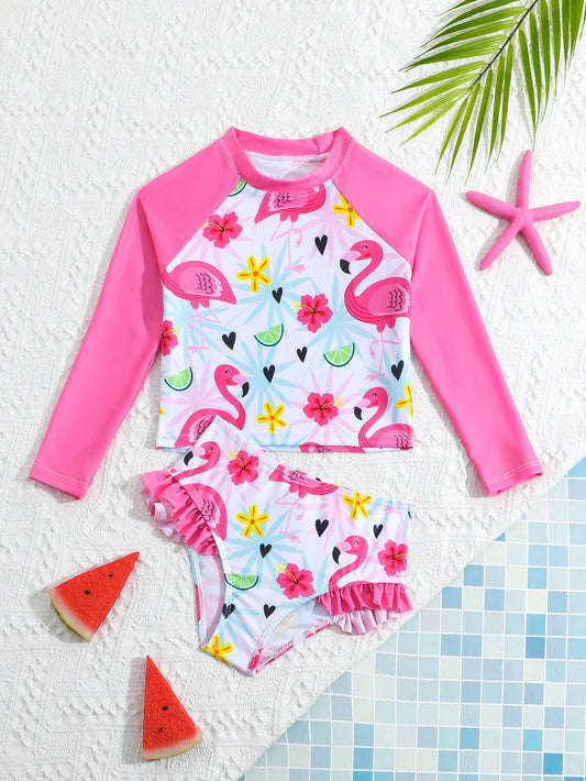 Young Girl Separated Flamingo Print Shoulder Padded Long Sleeve Tankini Set With Triangle Swimwear Set Summer Beach