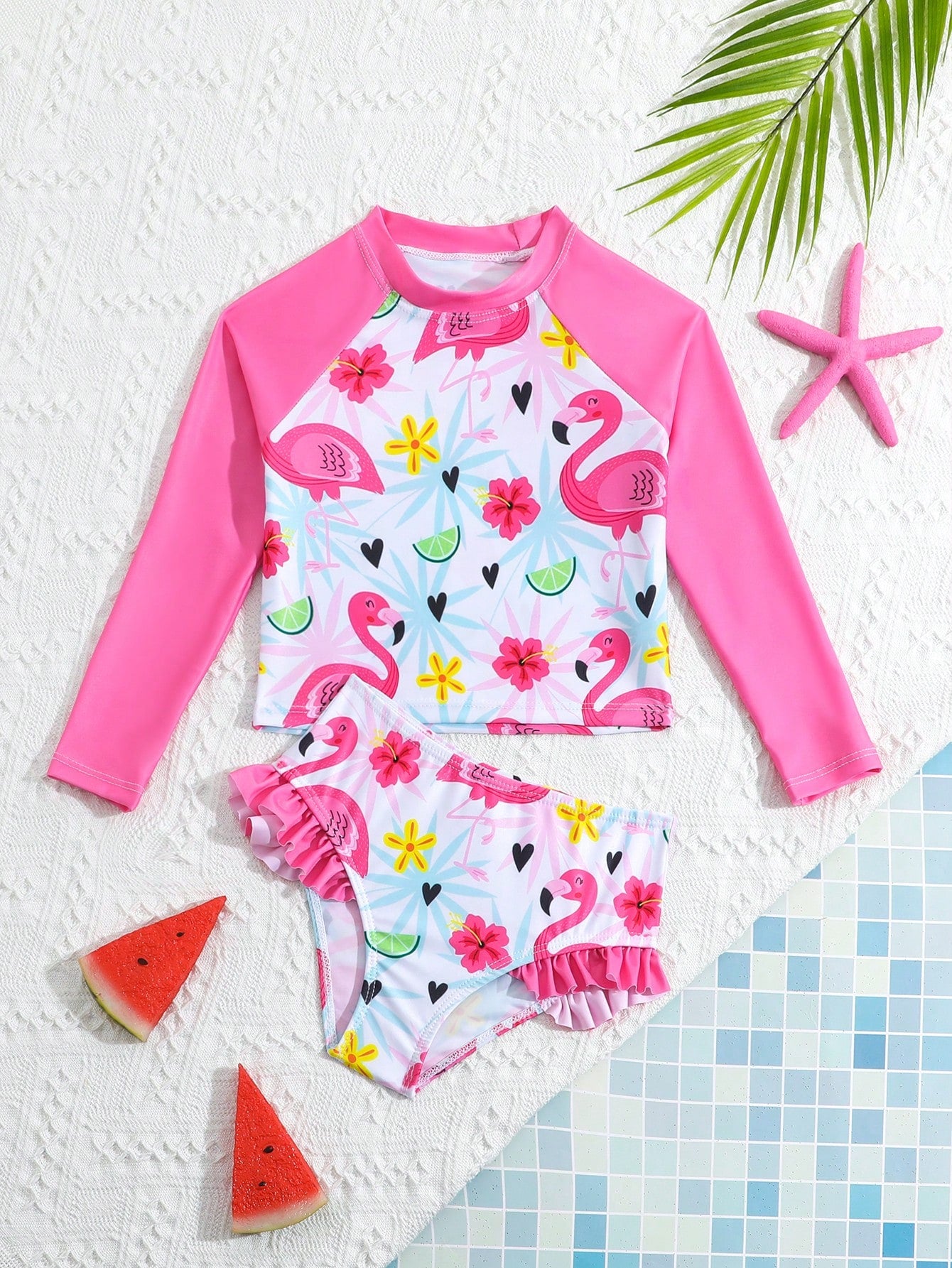 Young Girl Separated Flamingo Print Shoulder Padded Long Sleeve Swimsuit With Triangle Swimwear Set