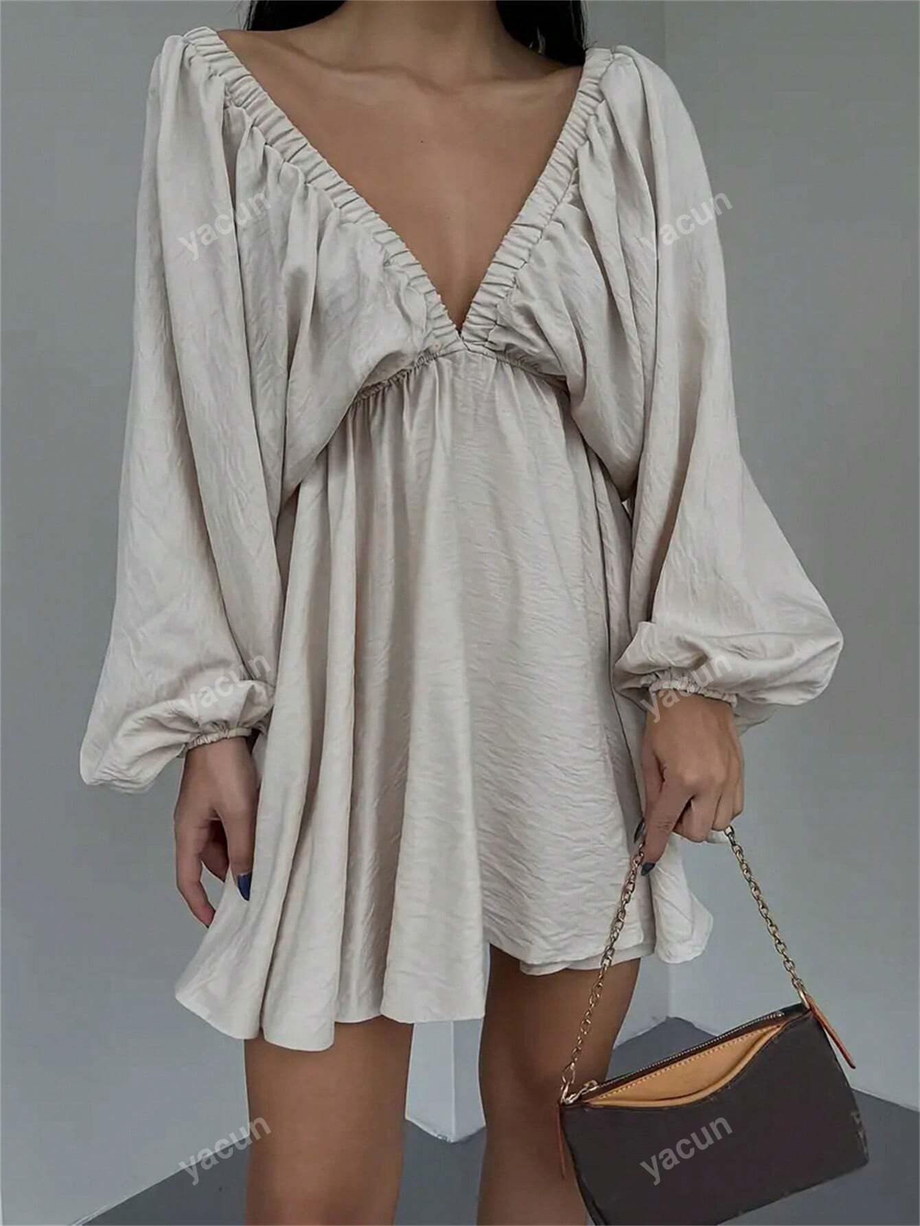 Solid Color V-Neck Lantern Sleeve Dress