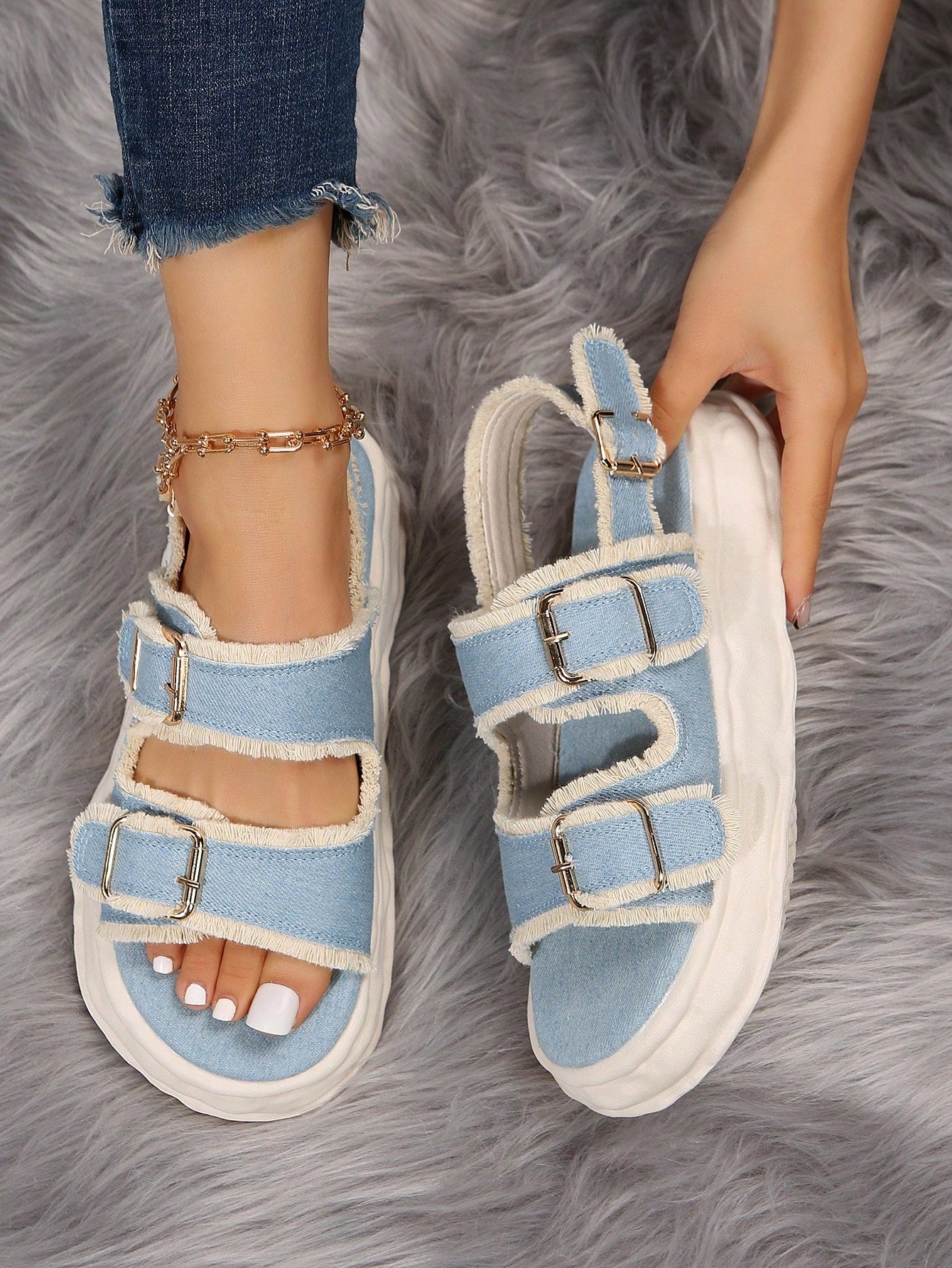 Fashionable Women's Slipper Sandals, Light Blue Beach Double Buckle Flat Shoes