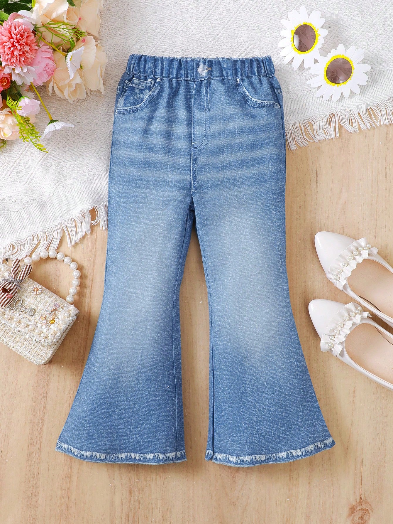 Young Girls' Casual Printed Bell Bottom Jeans, Perfect For Spring And Summer