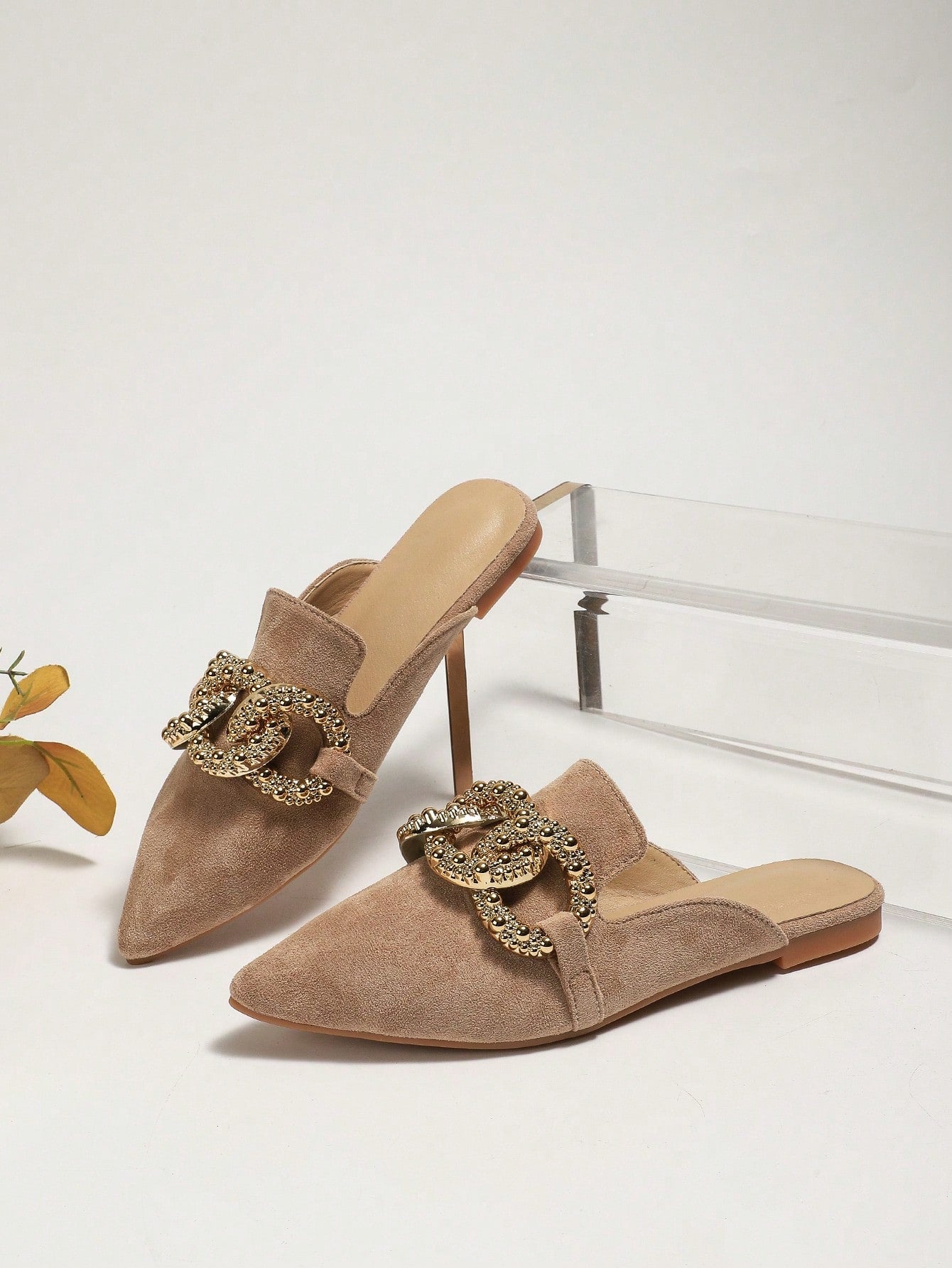 Ladies' Elegant Flat Pointed Toe Mules With Beige Suede Vamp, Ring Decor And Large Metallic Buckle