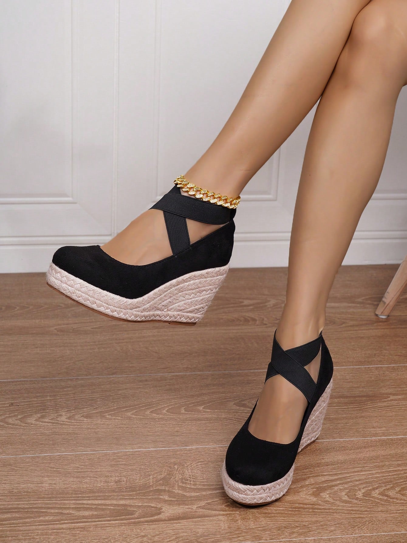 Women Minimalist Ankle Strap Espadrille Shoes, Vacation Faux Suede Court Wedges