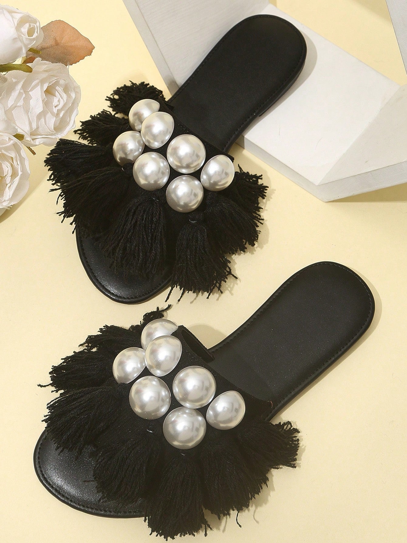 Fashionable Slide Sandals For Women, Faux Suede Faux Pearl & Tassel Decor Single Band Flat Sandals