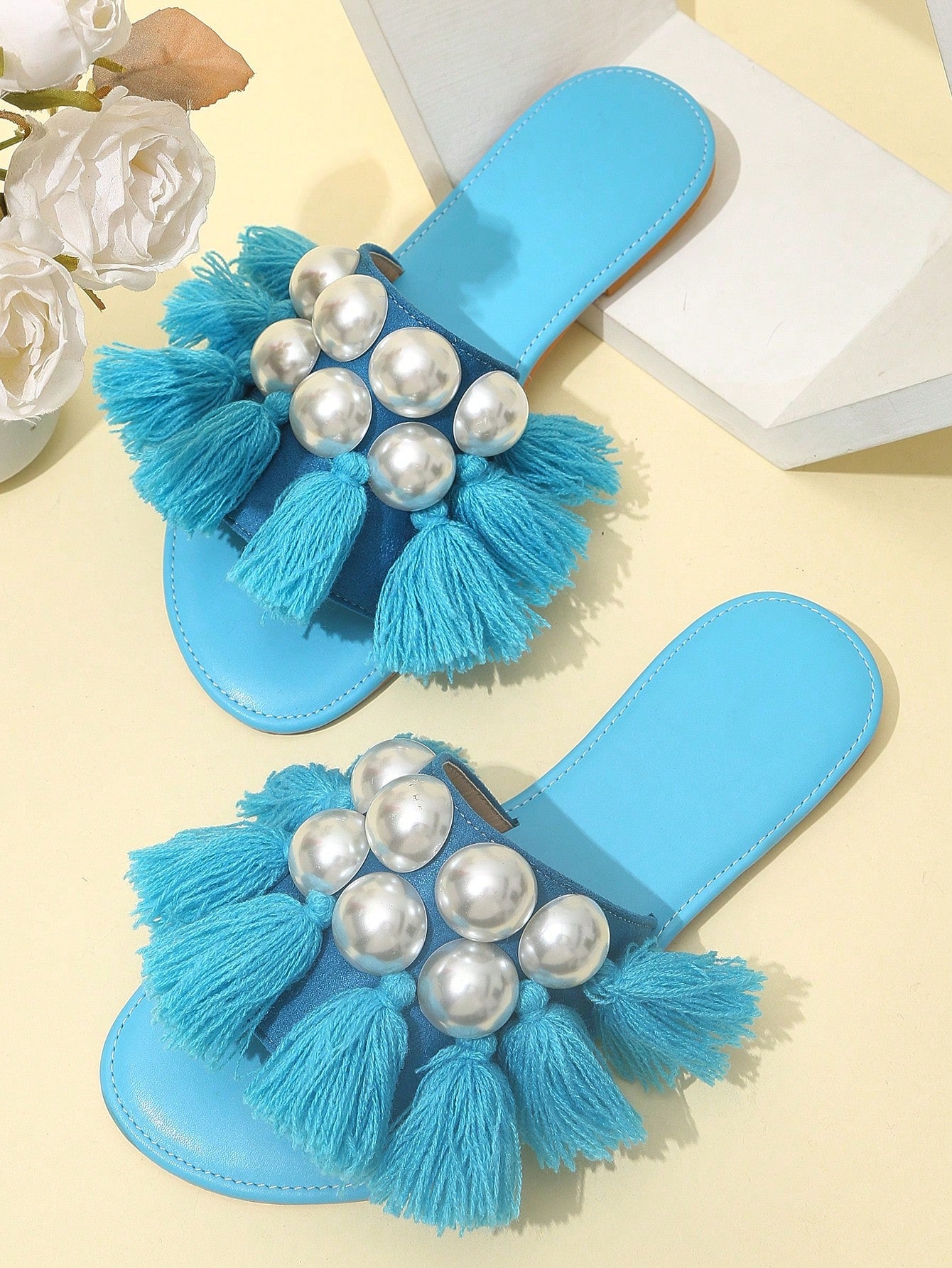 Fashionable Slide Sandals For Women, Faux Suede Faux Pearl & Tassel Decor Single Band Flat Sandals