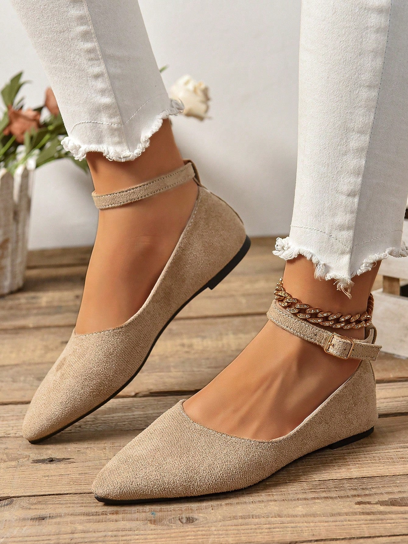 Women's Brown Buckle Design Pointed Toe Flat Shoes, Elegant Faux Suede Ankle Strap Flats For Spring And Autumn