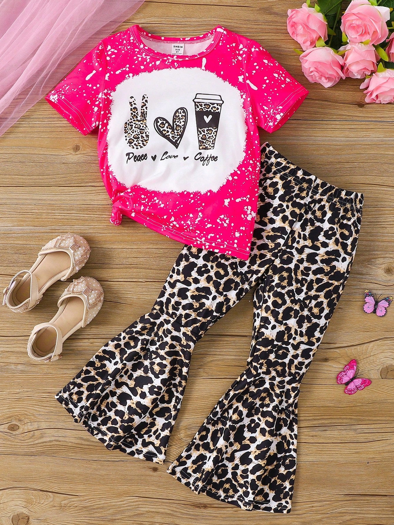 Young Girl Letter Graphic Tee & Leopard Print Flare Leg Pants