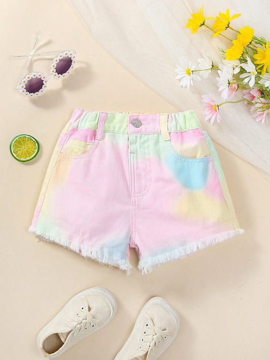 Young Girl Vintage Dopamine Tie Dye Color Loose Casual Comfortable Frayed Hem Denim Shorts