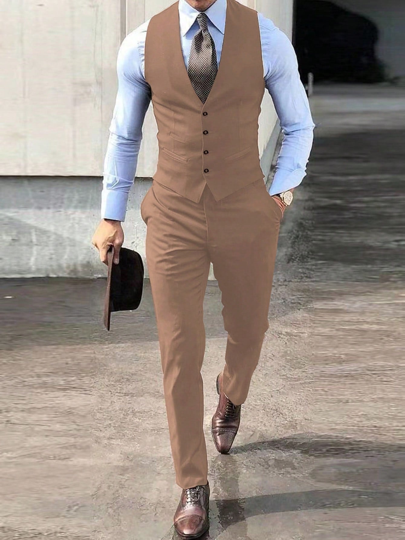 Men Solid Color Single-Breasted Sleeveless Suit Vest And Pants, Suit Set