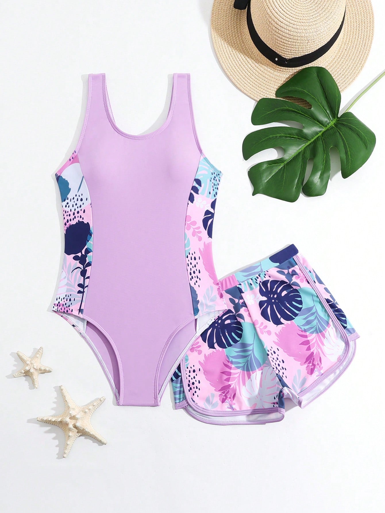 Girls' (Big) Swimsuit/One-Piece Swimsuit/Printed With Ruffles/ 2pcs Set