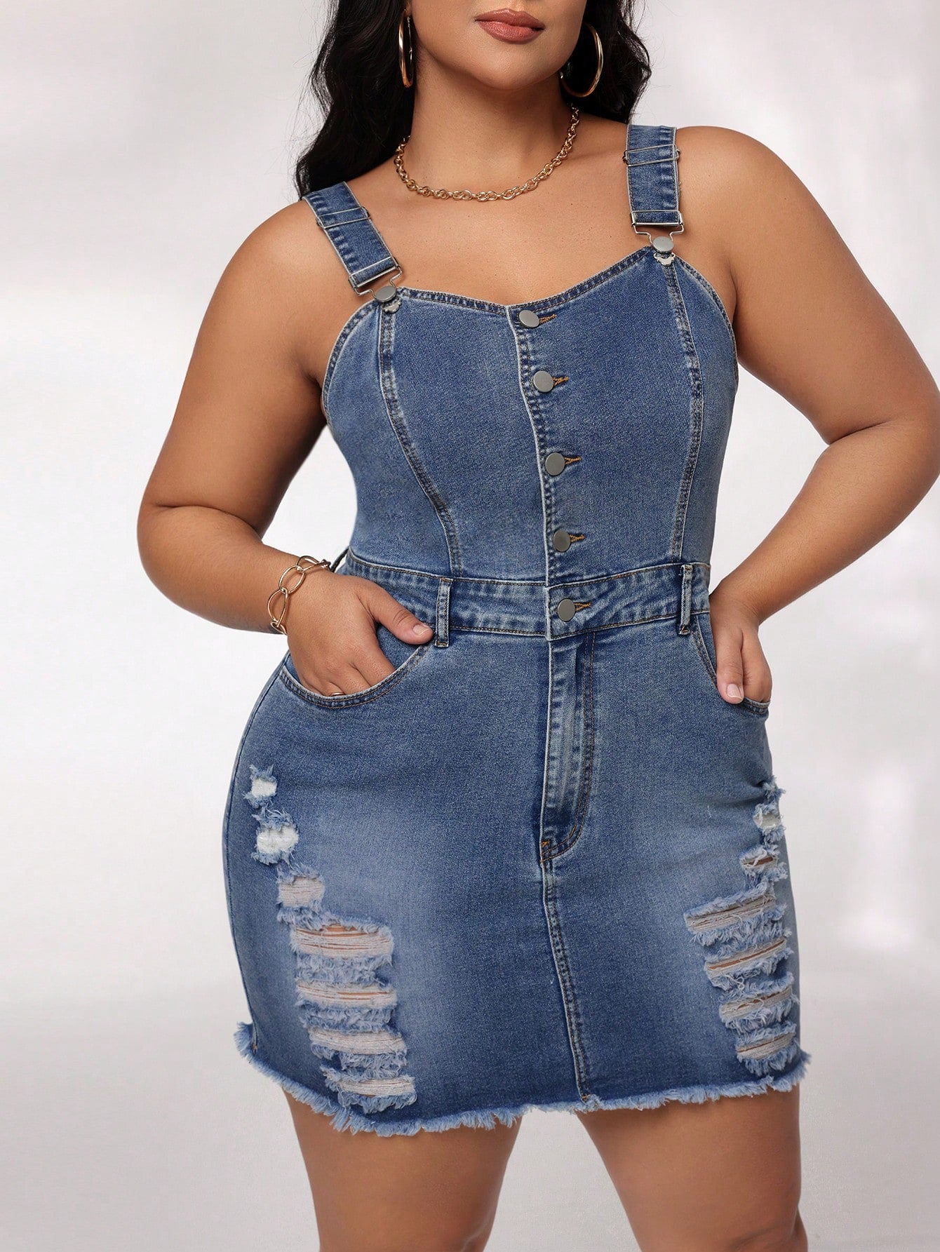 Plus Size Slim Fit Distressed Denim Overall Dress