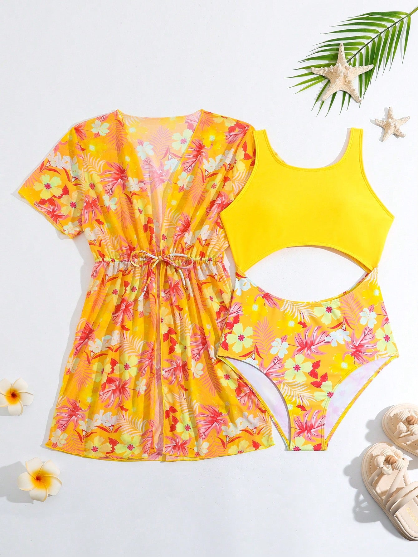 Teen Girls Tropical Print Cut Out One Piece Swimsuit With Kimono Matching Set