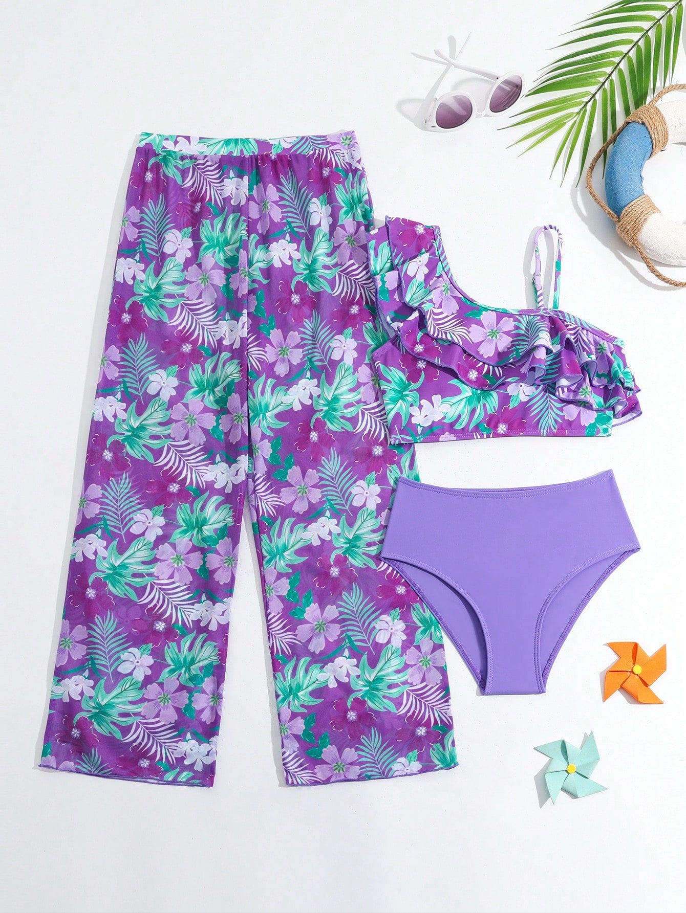 Tween Girl Tropical Print Ruffle Trim Bikini Set With Cover Up Pants Summer Beach