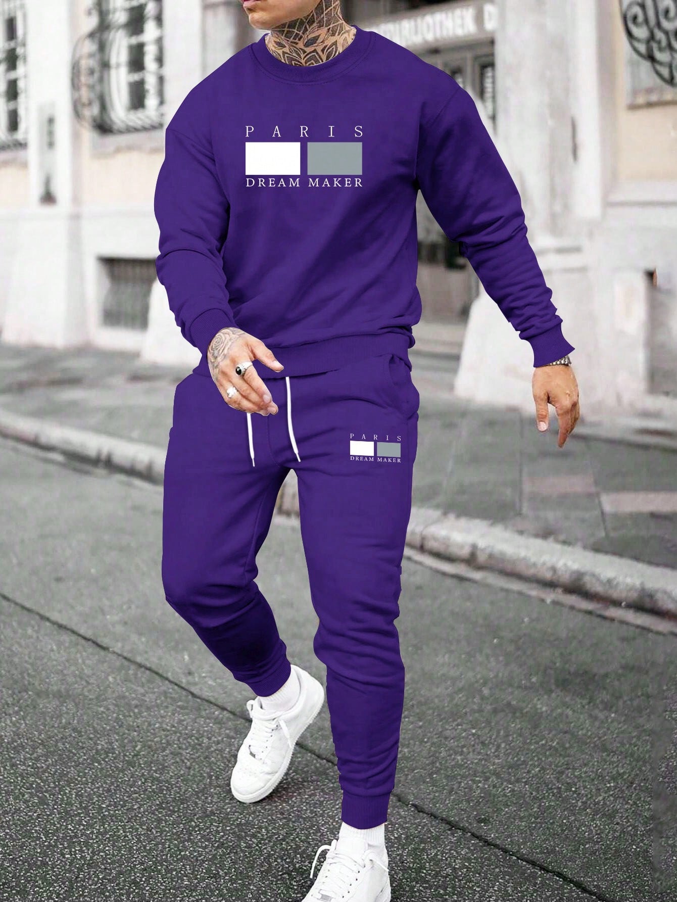 Men's Letter Printed Round Neck Sweatshirt And Drawstring Waist Sweatpants Two Piece Set