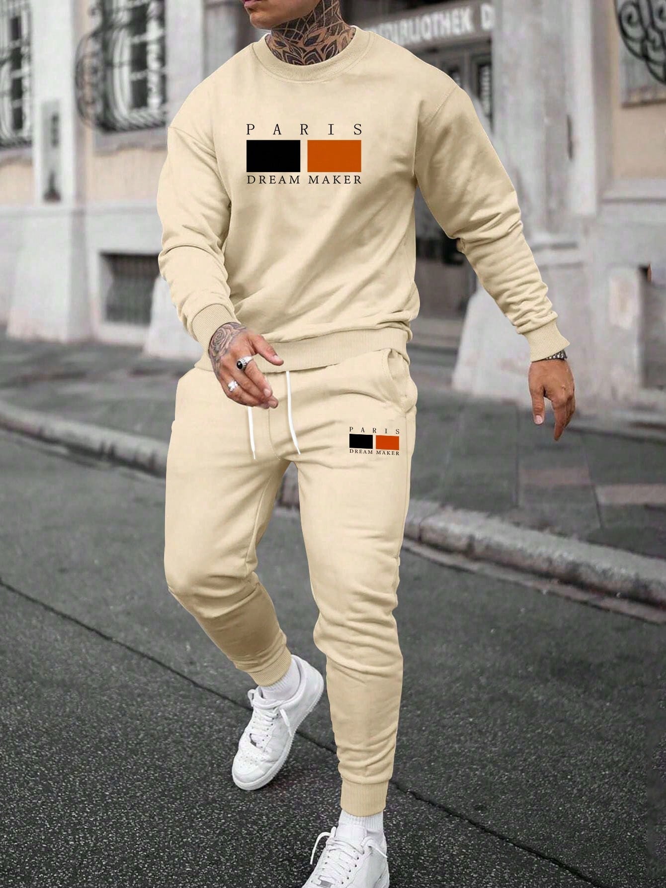 Men Letter Graphic Sweatshirt & Drawstring Waist Sweatpants