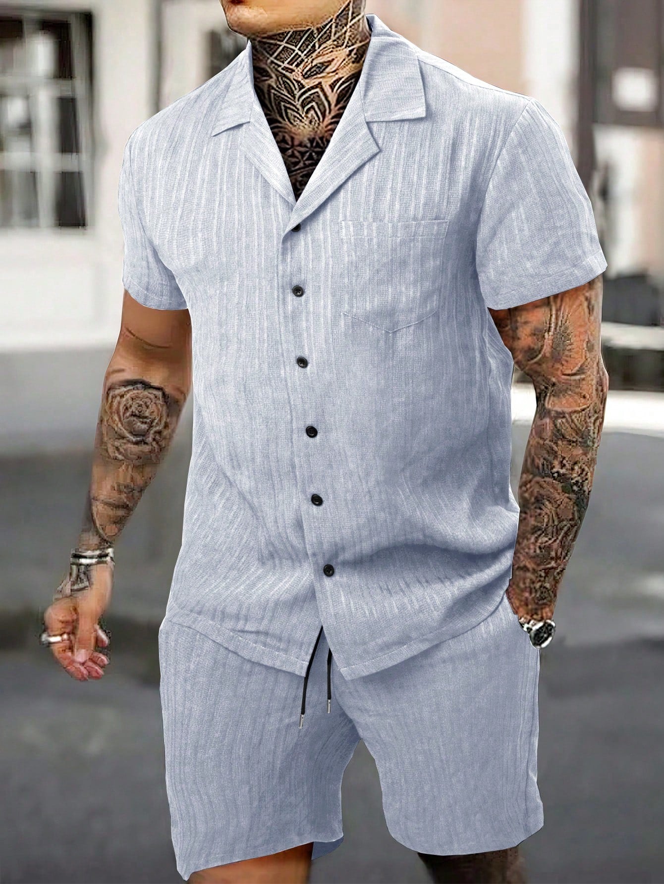 Men Solid Lapel Neck Shirt & Shorts