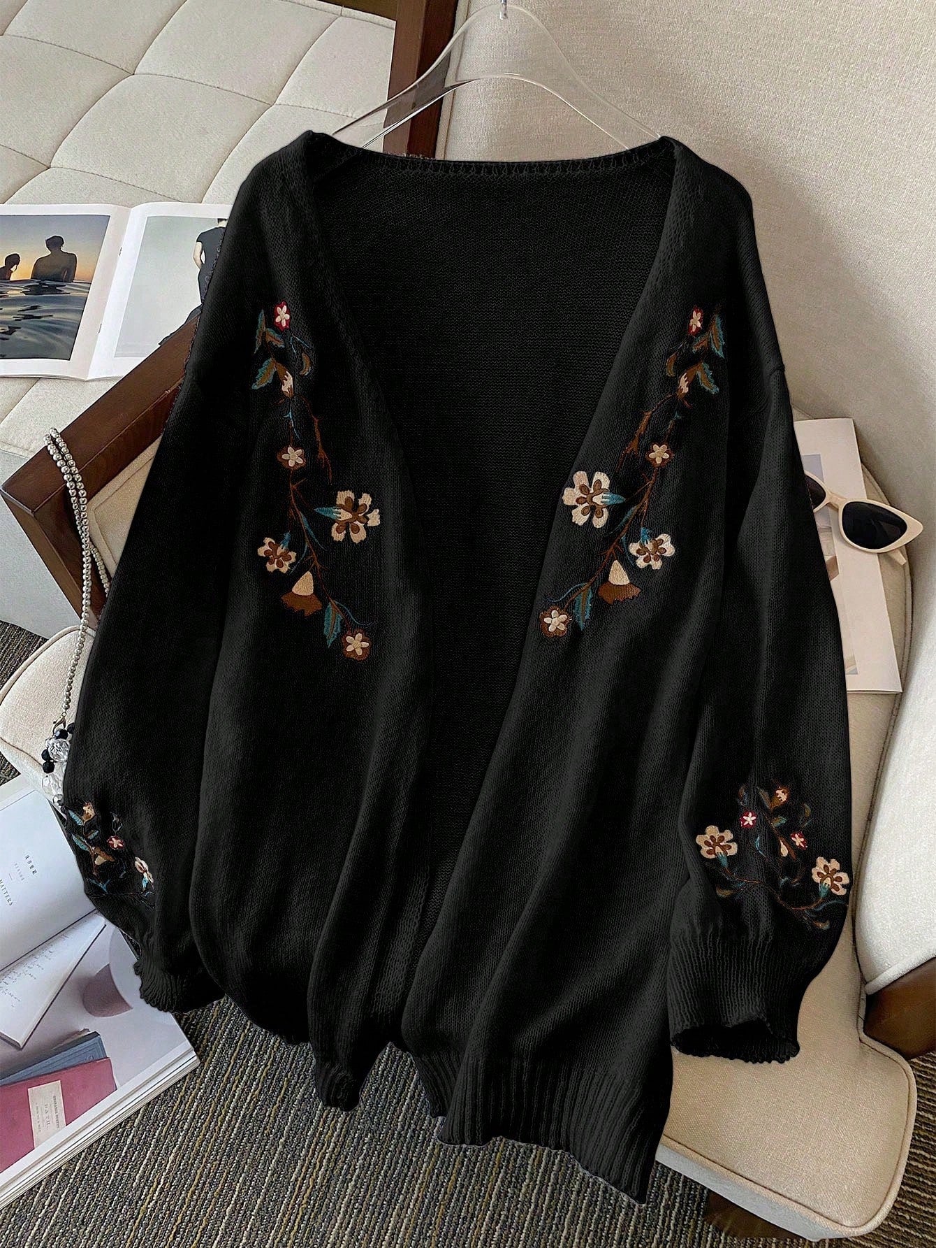 Plus Size Women's Floral Embroidery Drop Shoulder Long Sleeve Cardigan