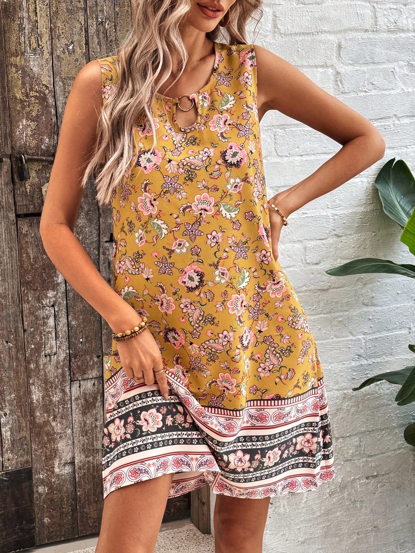 Full Printed Keyhole Collar Sleeveless Dress