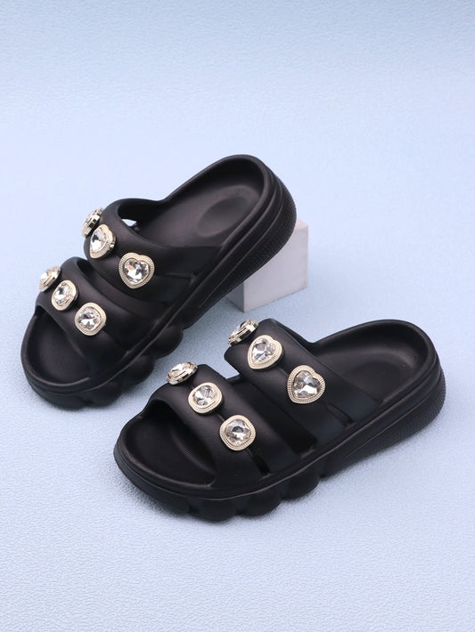 Girls' Slip-Resistant Diamond Decor Outdoor Slippers, Hollow-Out Design Toddler Sandals For Summer Beach