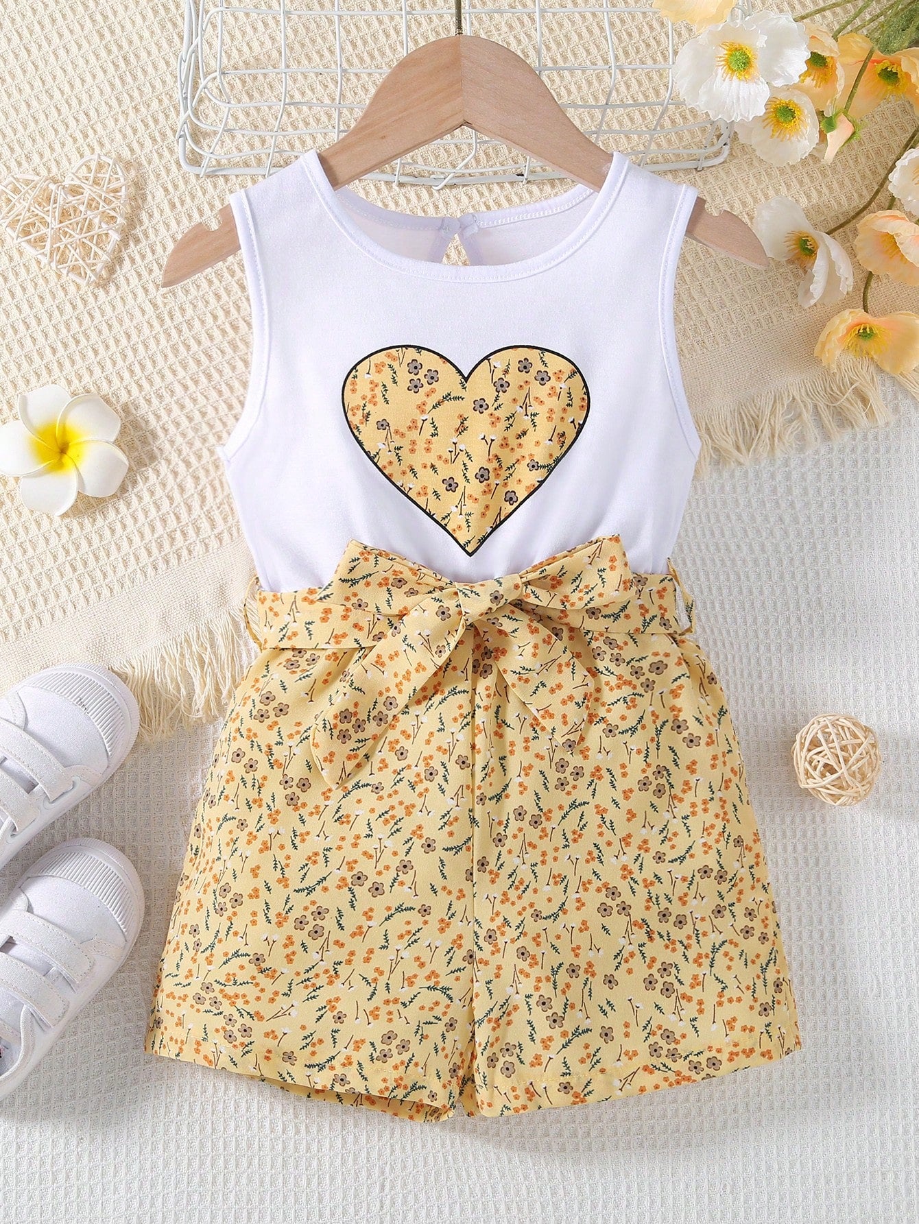 Young Girl Ditsy Floral & Heart Print Belted Romper