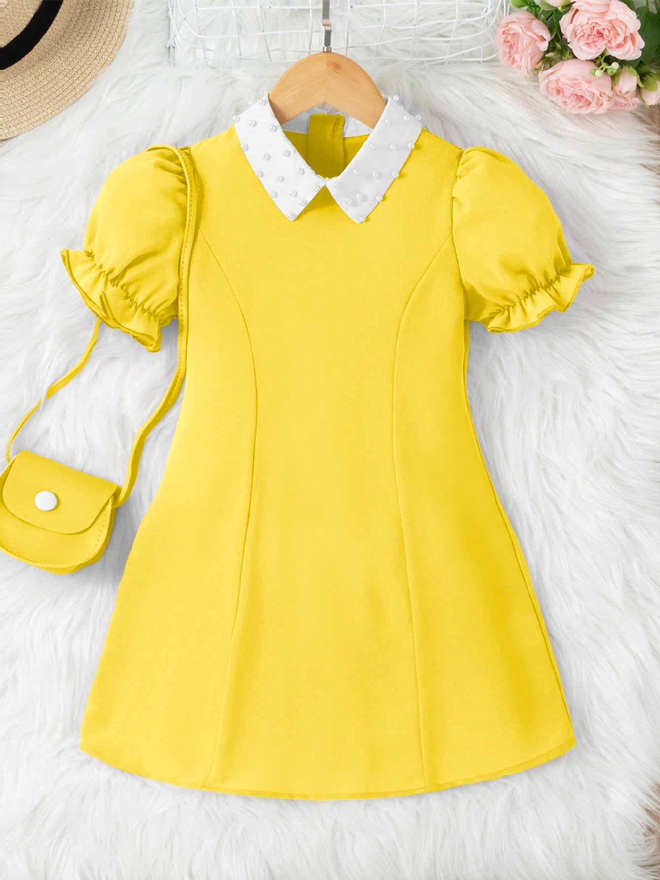 Young Girls' White Pearl Puff Sleeve Dress